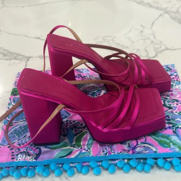 Zara Fuchsia Strappy Heeled Platform Sandals‎ Chunky Satin Pink Barbie. Size 38 - Picture 3 of 8